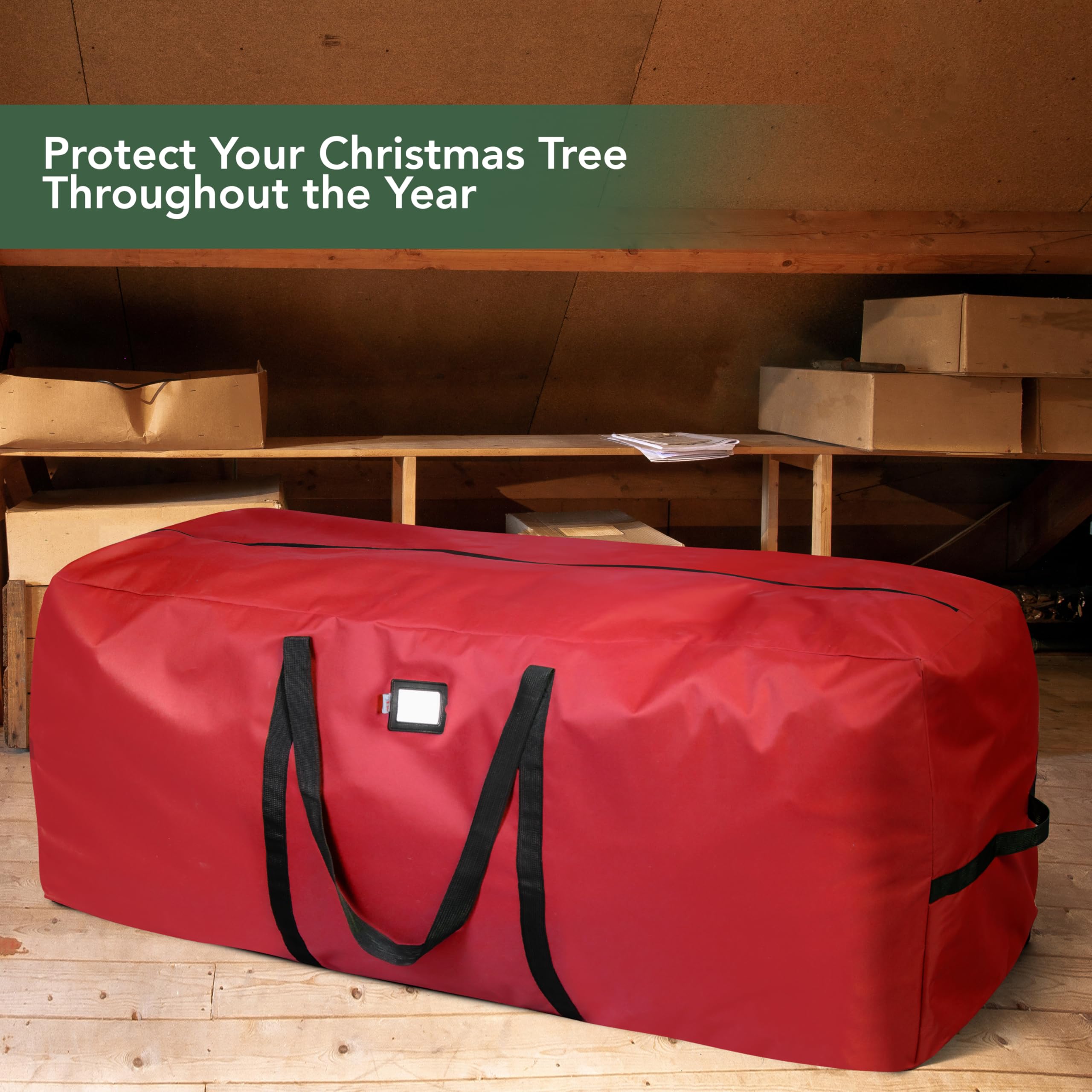 Holiday Cheer red storage bag adds festive appeal while keeping decor neatly organized.