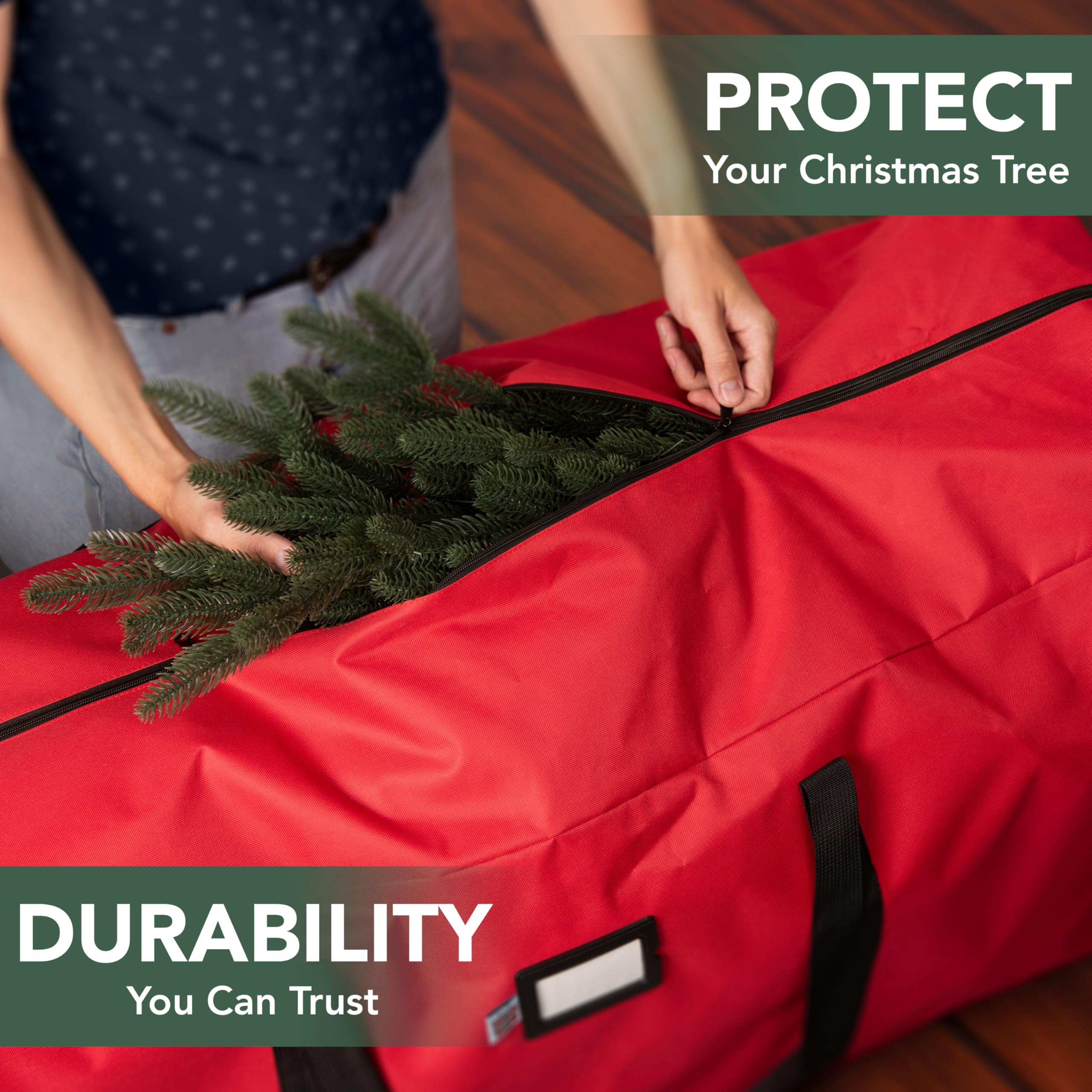 Holiday Cheer heavy-duty zipper storage bag keeps contents secure during long-term storage.