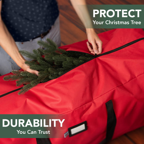 Holiday Cheer heavy-duty zipper storage bag keeps contents secure during long-term storage.