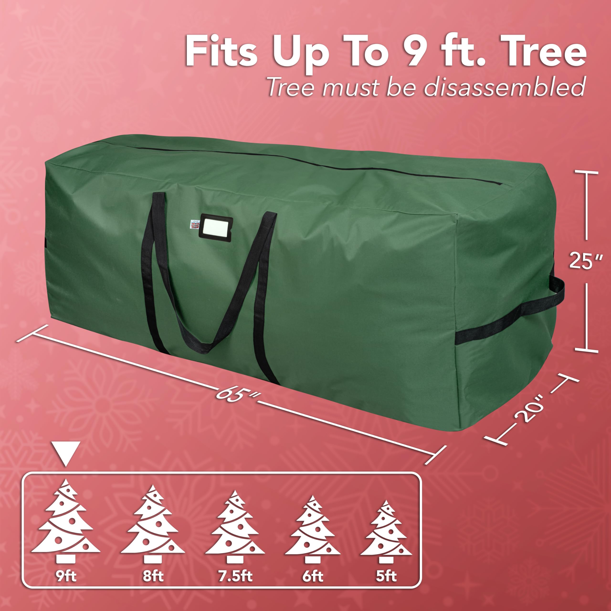 Holiday Cheer waterproof storage bag protects decorations from moisture.