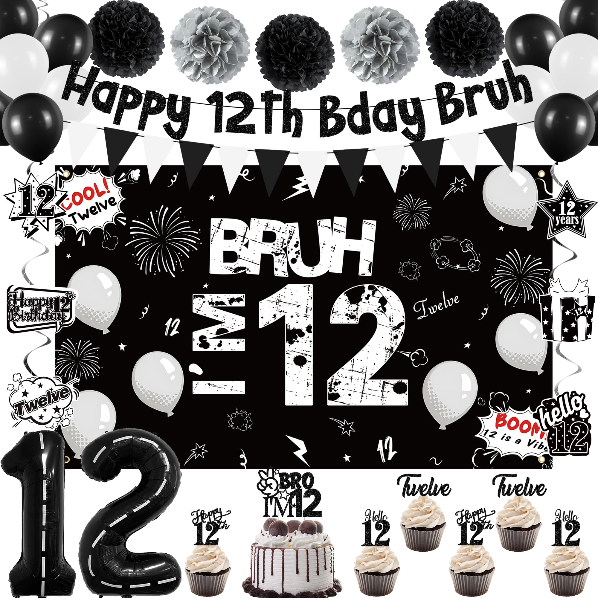 Holkcog 12th birthday banner enhances party backdrop with bold black and white styling.