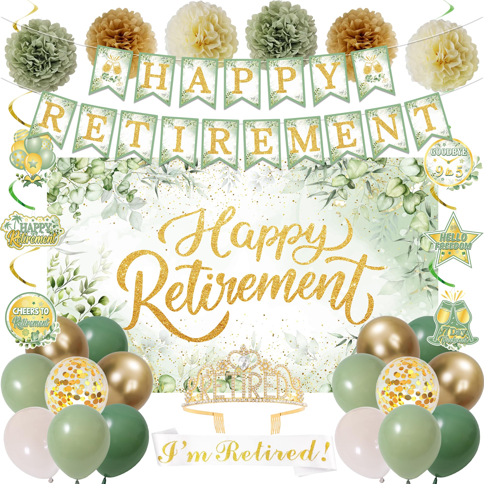 Holkcog green gold retirement banner setup enhances party photos and ambiance.