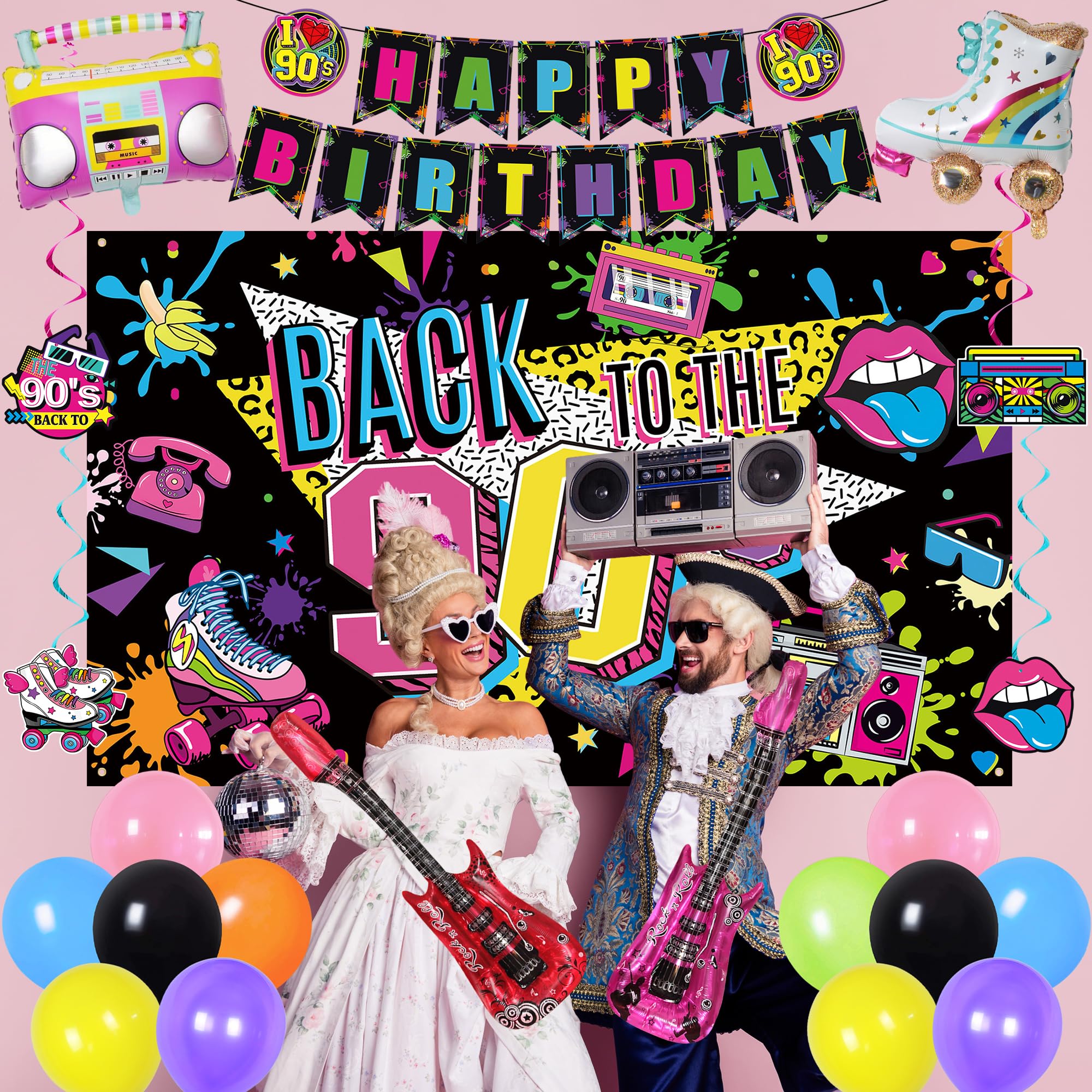 Holkcog pink guitar balloon adds playful 90s rock flair.