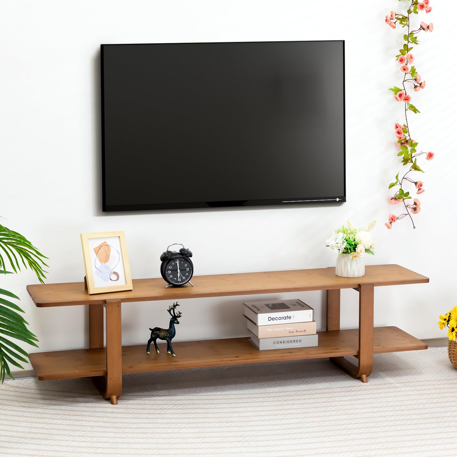HollyHOME bamboo TV stand being assembled showing sturdy construction
