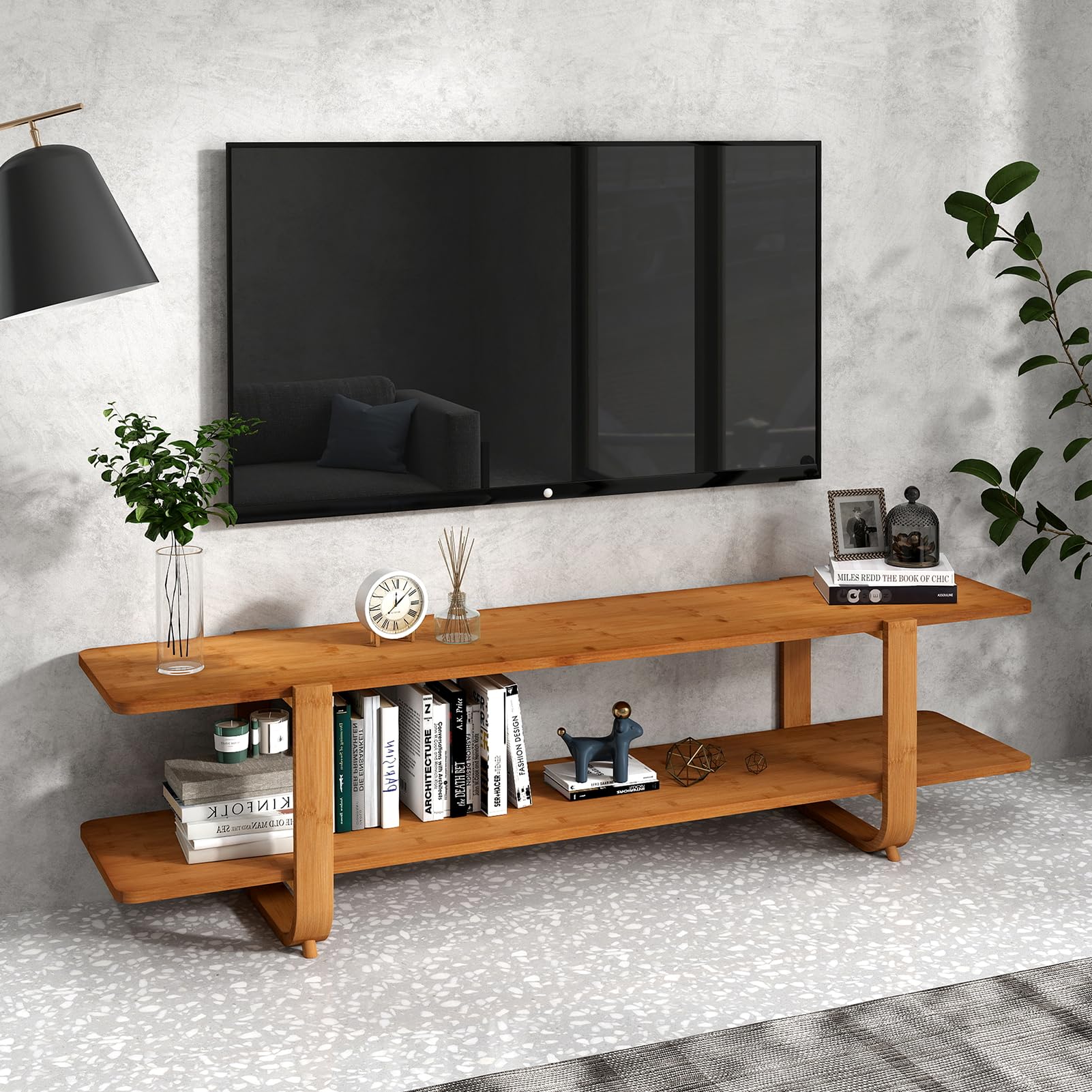HollyHOME bamboo TV stand open shelves organize media devices neatly