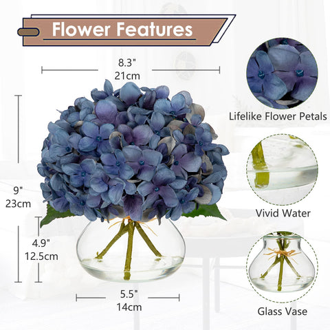 Hollyone artificial hydrangea close-up shows realistic faux water detail.