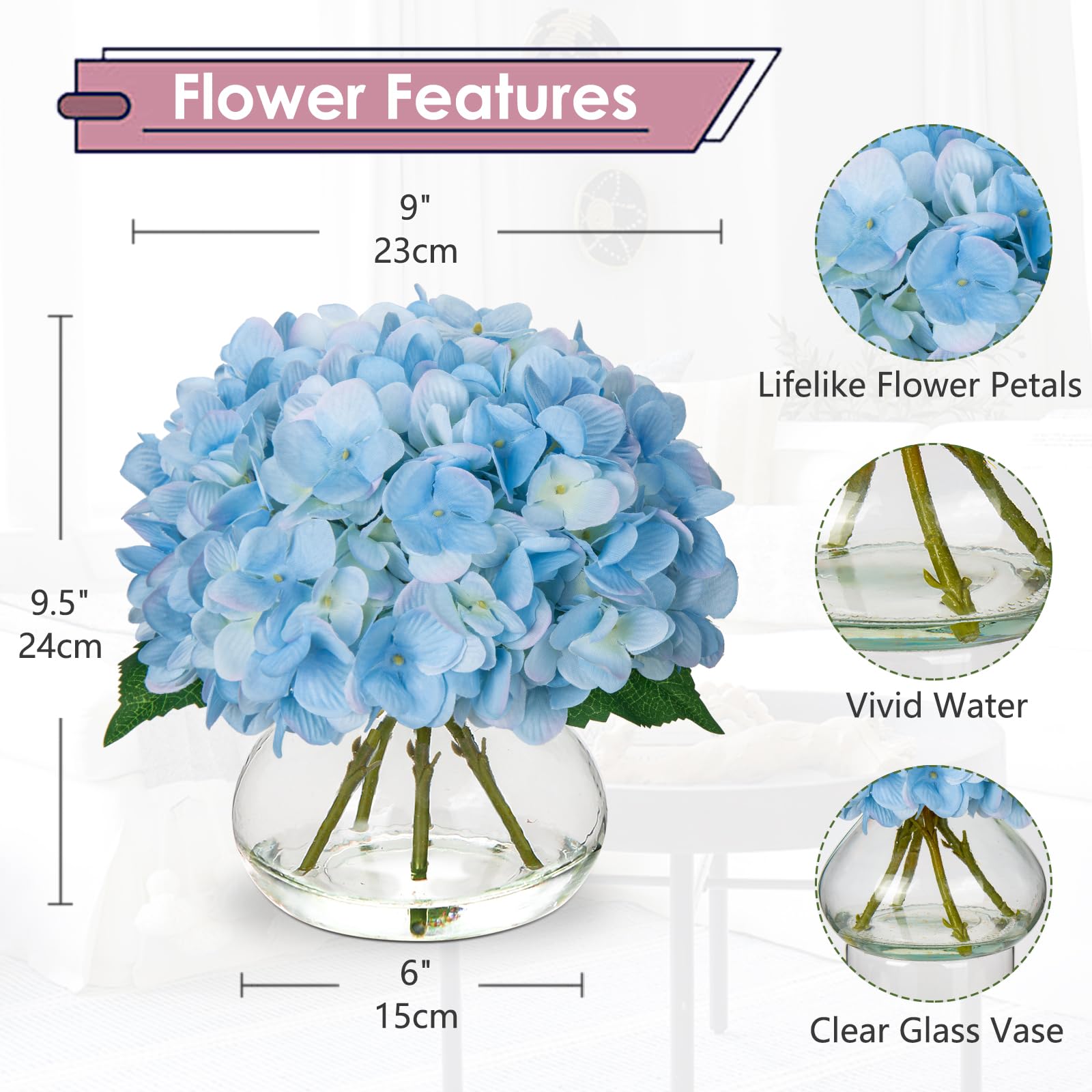 Hollyone artificial hydrangea flowers with glass vase for maintenance-free elegance.