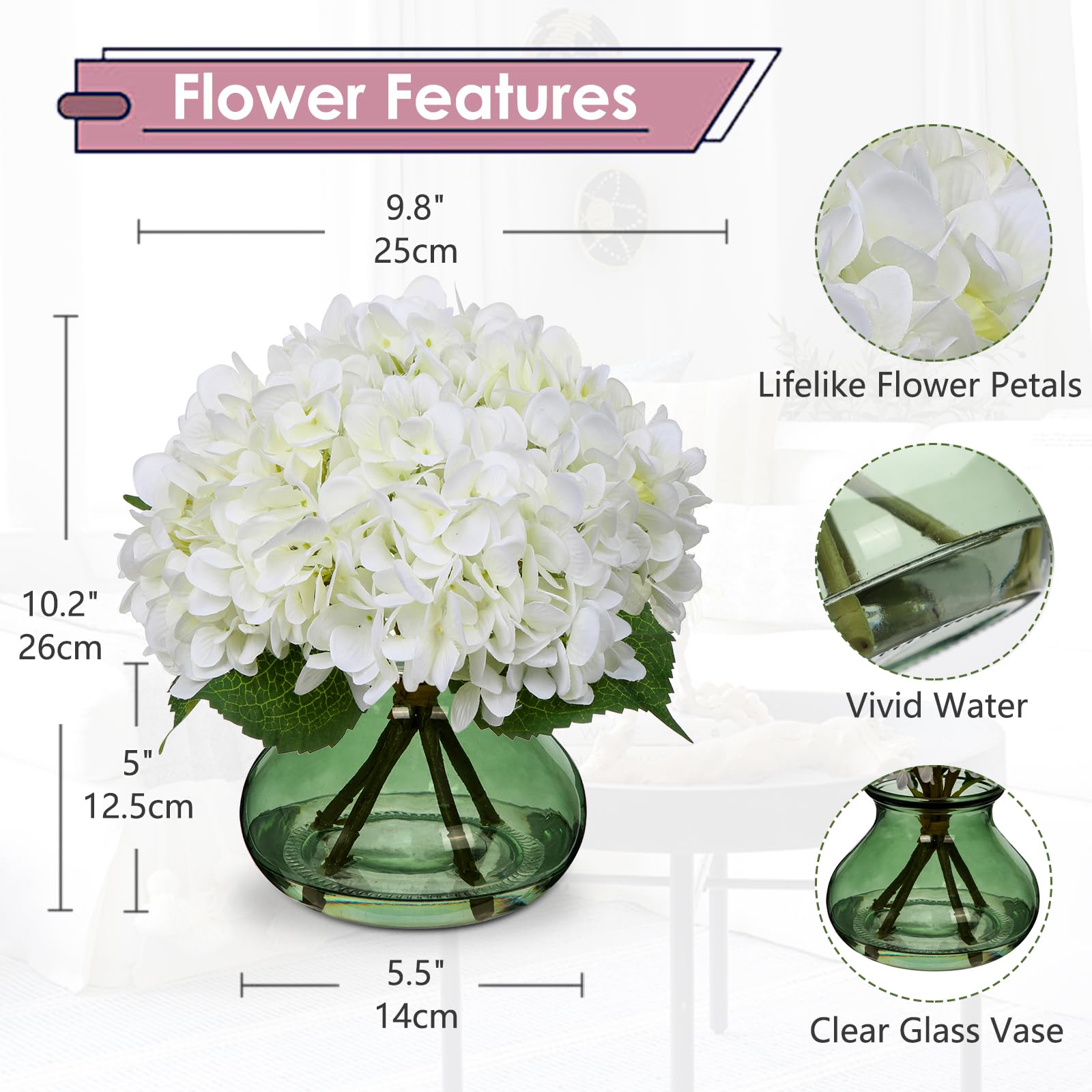 Hollyone artificial hydrangeas with faux water look realistic and long-lasting.