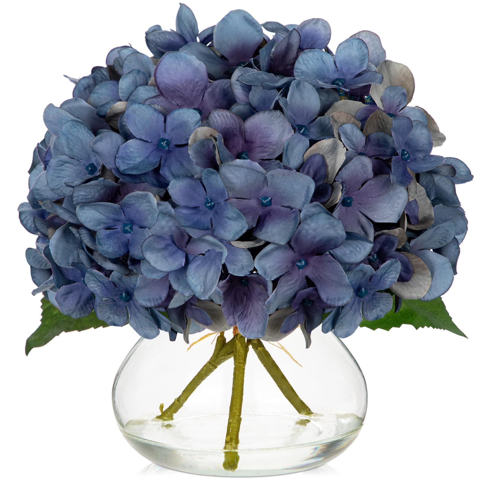 Hollyone blue hydrangea fall flowers in glass vase for elegant autumn decor.