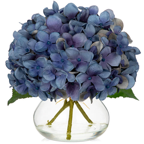 Hollyone blue hydrangea fall flowers in glass vase for elegant autumn decor.