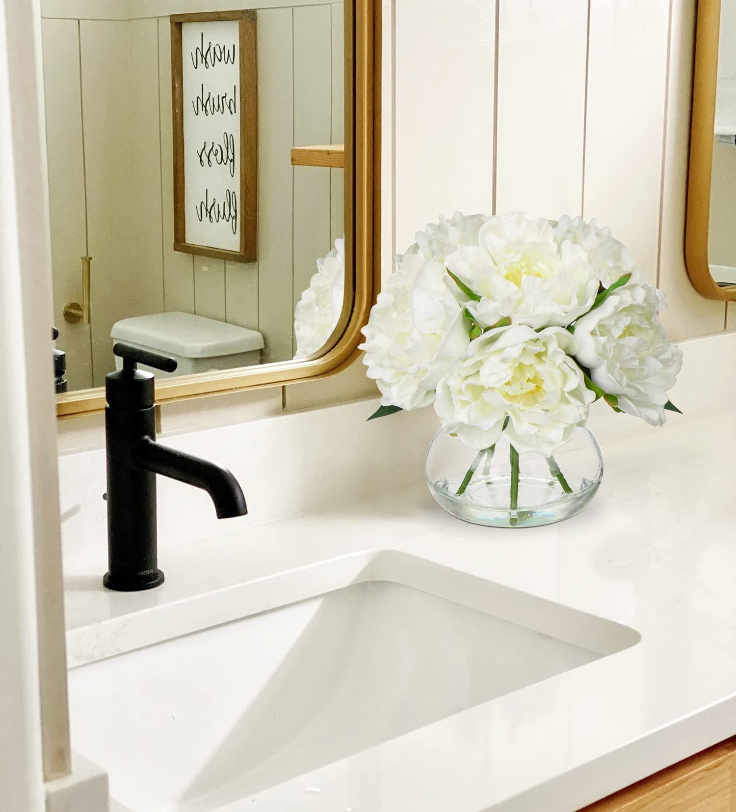 Hollyone faux water peony arrangement adds realistic charm to shelves
