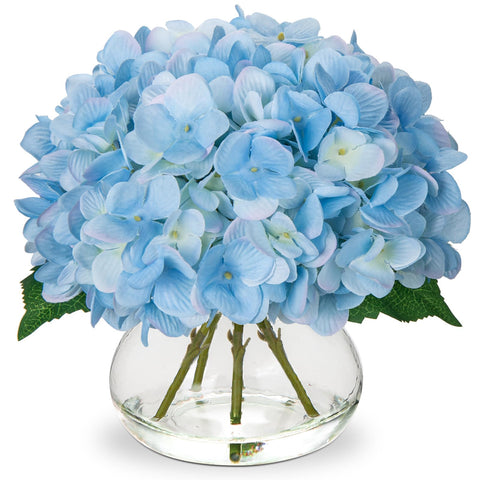 Hollyone Hydrangea blue vase close-up highlights lifelike blooms for timeless living room décor.