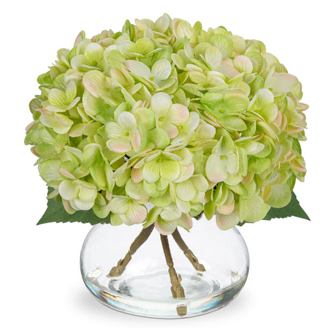 Hollyone hydrangea in glass vase with lifelike faux water for elegant home decor