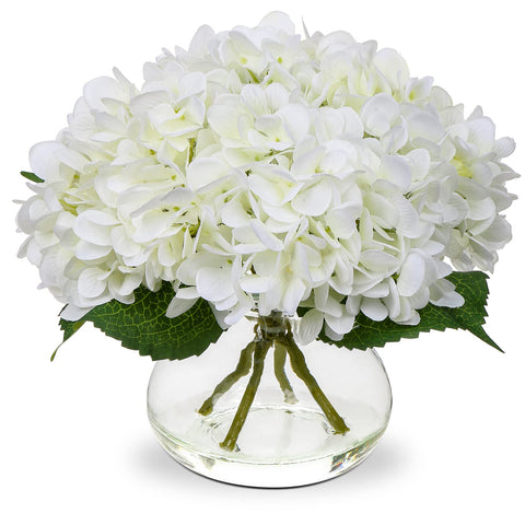 Hollyone hydrangea centerpiece in white silk vase adds timeless elegance to any room