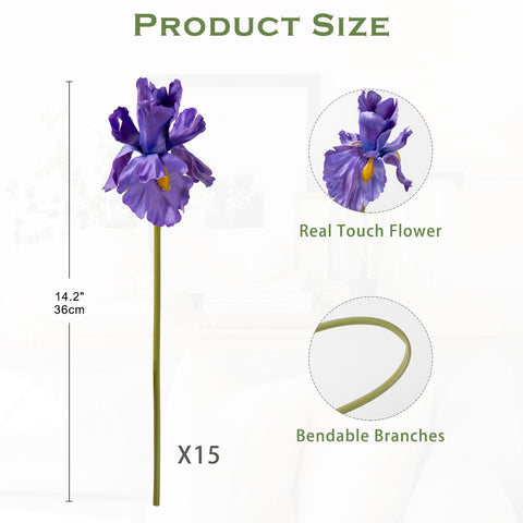 Hollyone Iris artificial flowers show 14.2 inch height for tall, elegant arrangements.