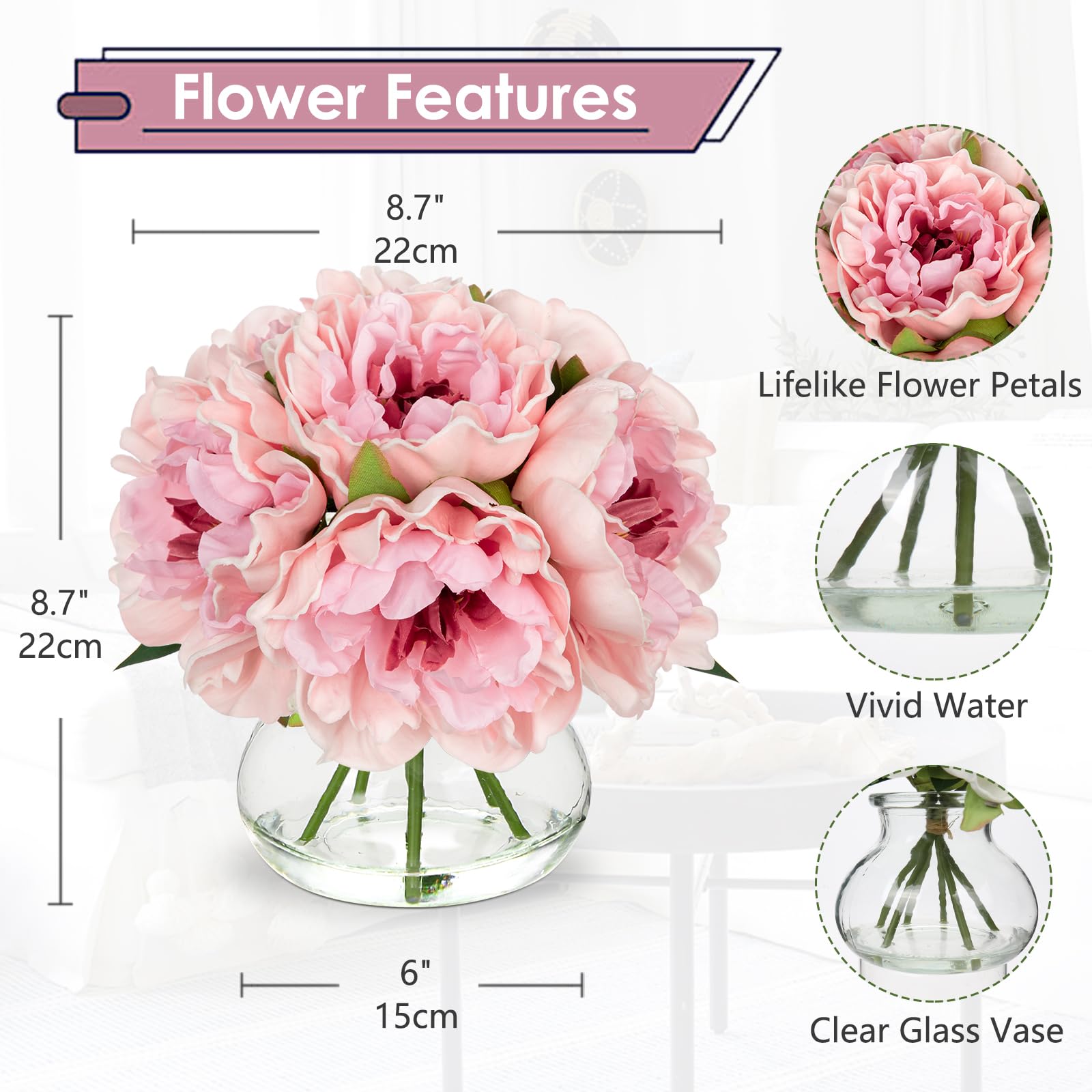 Hollyone peonies in glass vase with faux water for realistic display.