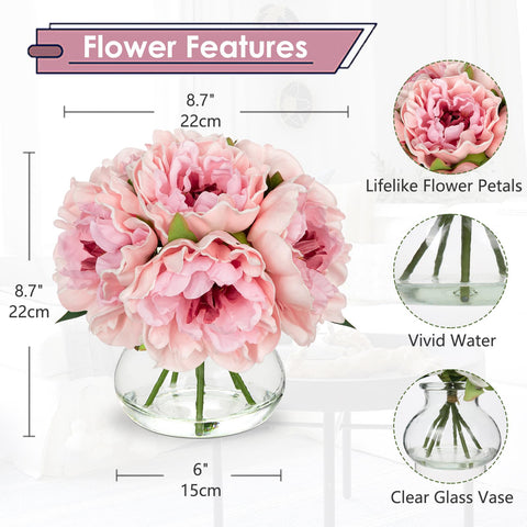 Hollyone peonies in glass vase with faux water for realistic display.