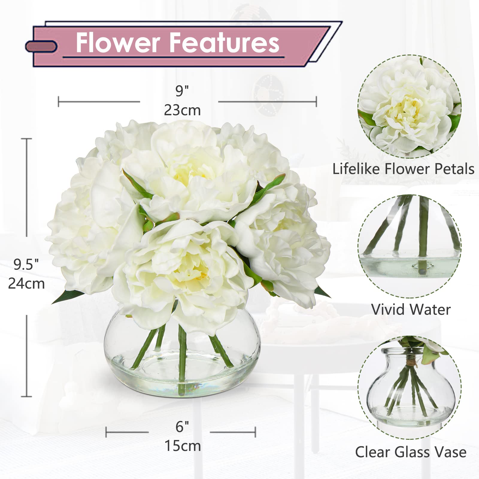 Hollyone artificial silk peonies in glass vase offer long lasting beauty