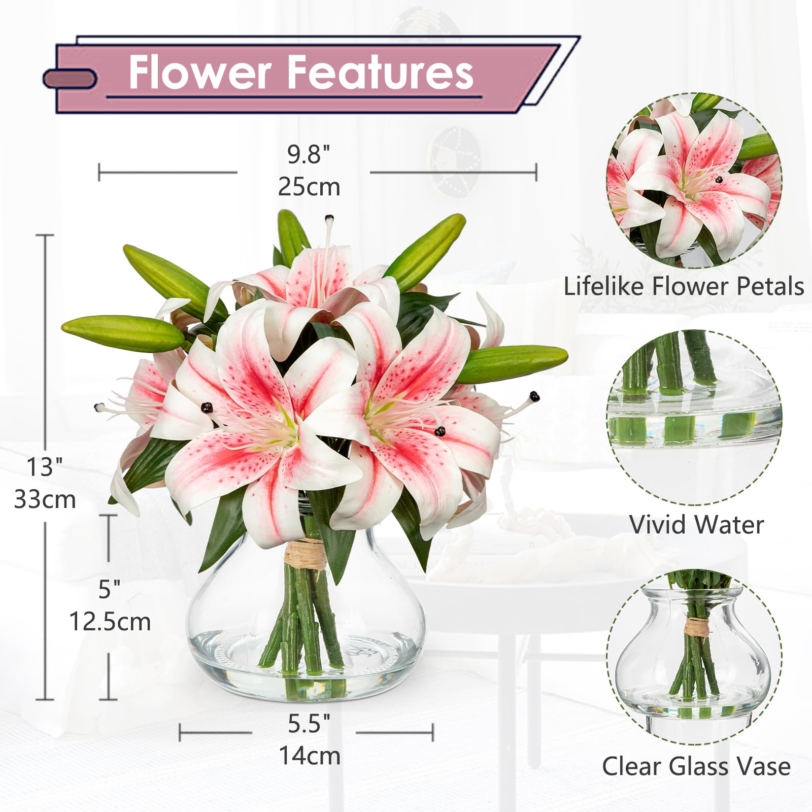 Hollyone pink lilies silk flowers in glass vase for long-lasting decor