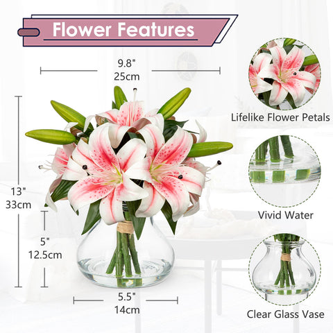 Hollyone pink lilies silk flowers in glass vase for long-lasting decor