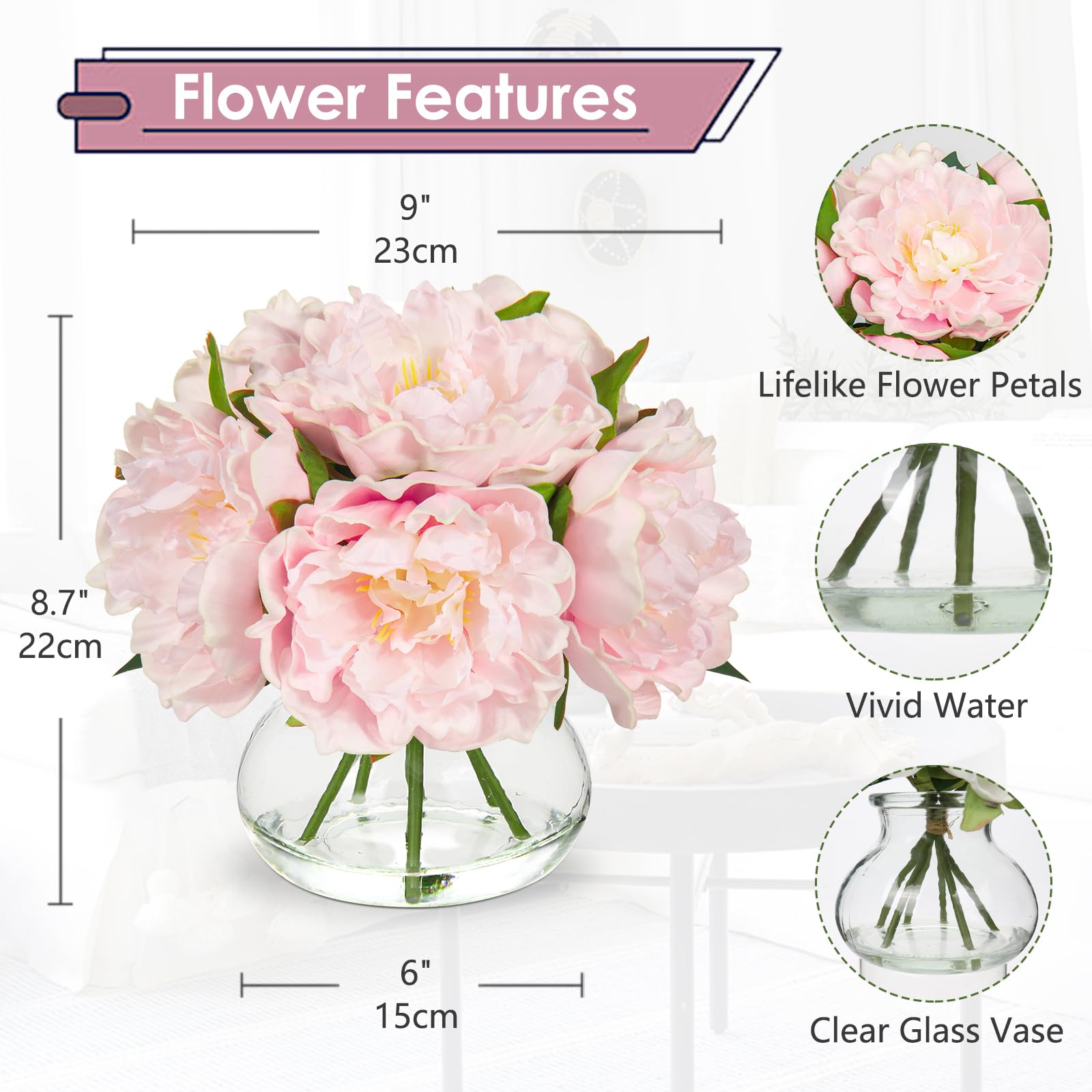 Hollyone pink peonies close-up showing realistic silk petals and faux water.