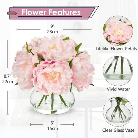 Hollyone pink peonies close-up showing realistic silk petals and faux water.