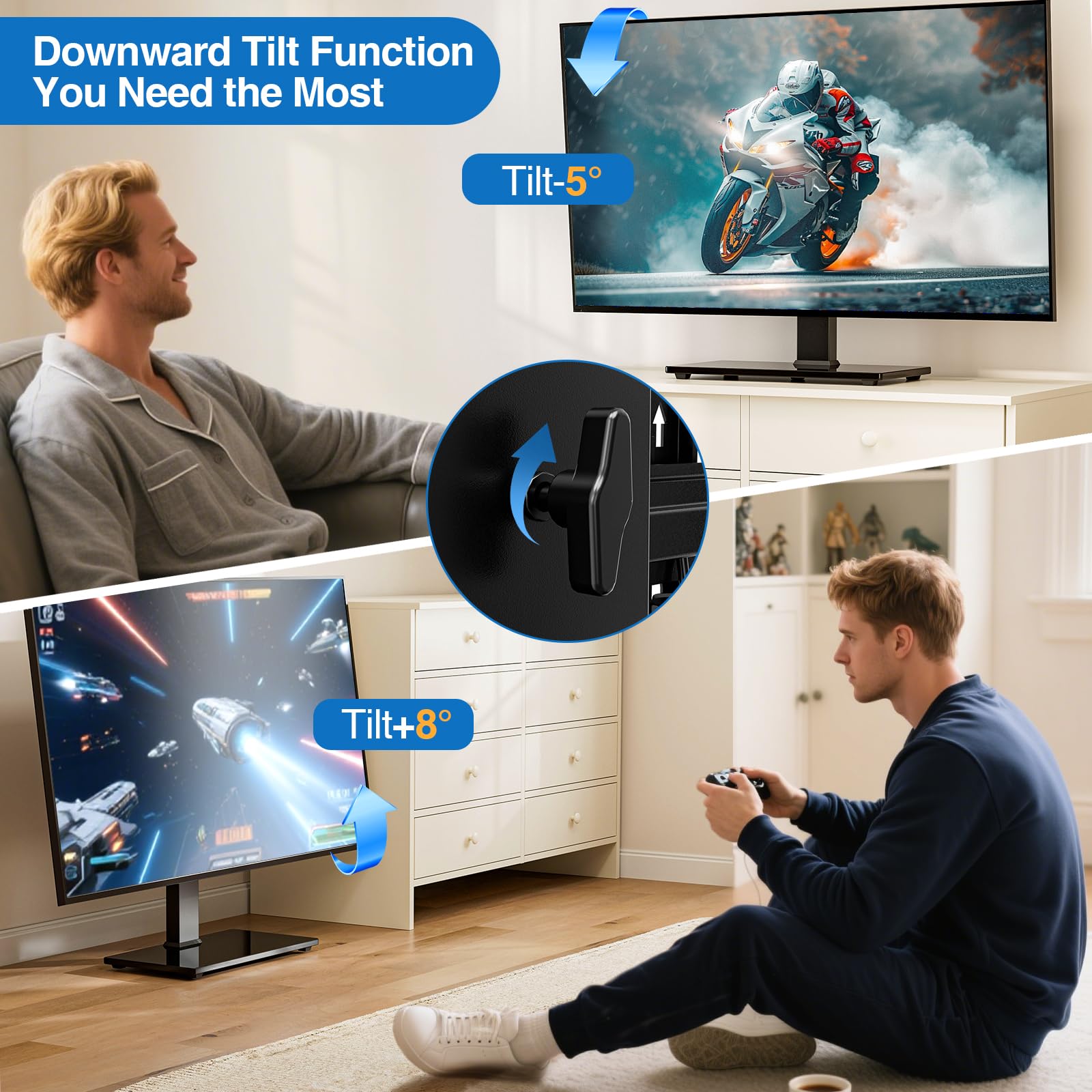 HOLMAXD heavy-duty tempered glass base offers a stable foundation for large TVs.