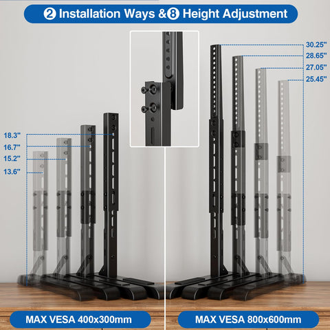 HOLMAXD universal TV stand base bottom view emphasizes sturdy square steel foundation.