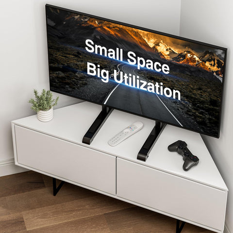 HOLMAXD universal TV stand cable-management showcases tidy wiring and cable ties.