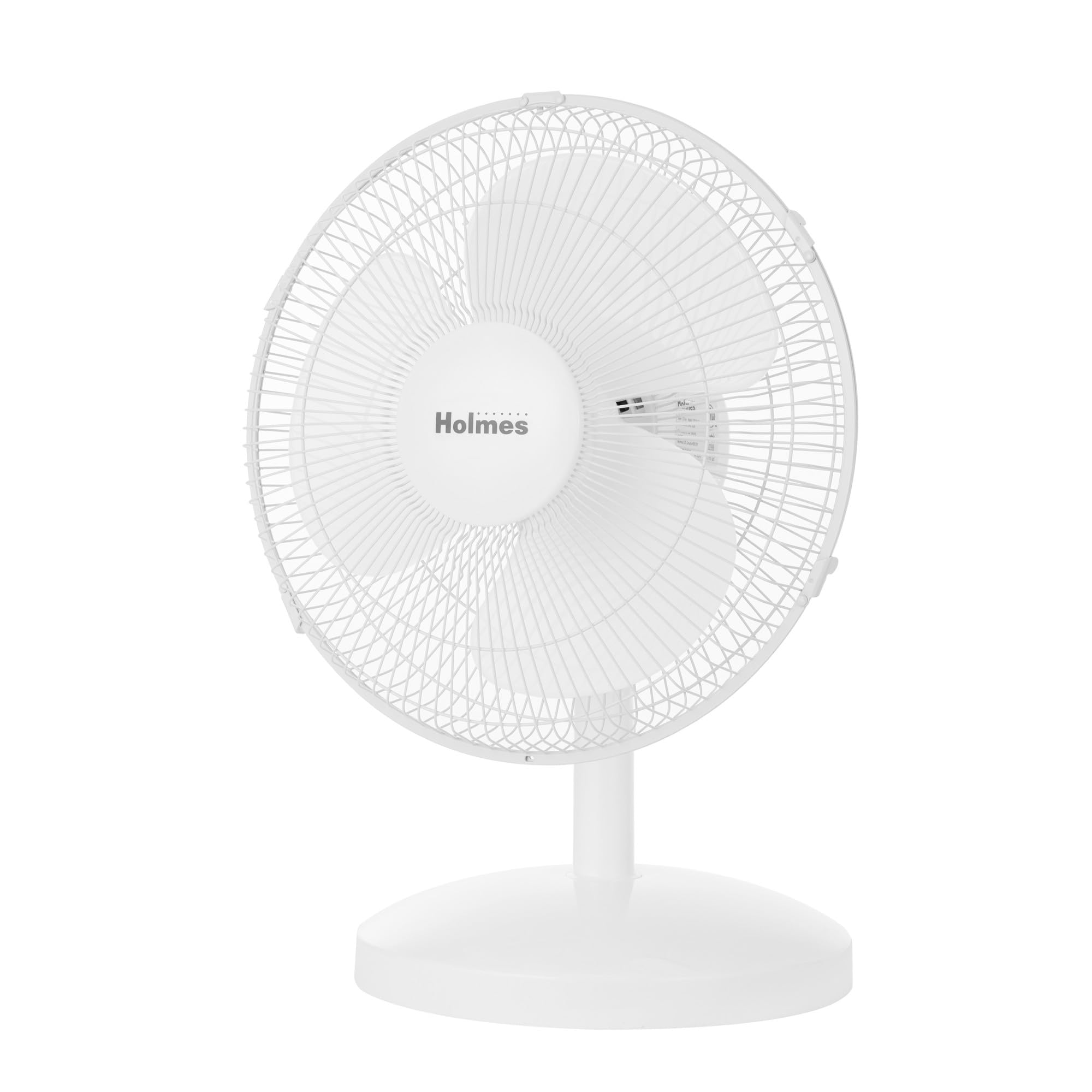 Holmes 12-inch desk fan delivering a cooling breeze on a tidy workstation.