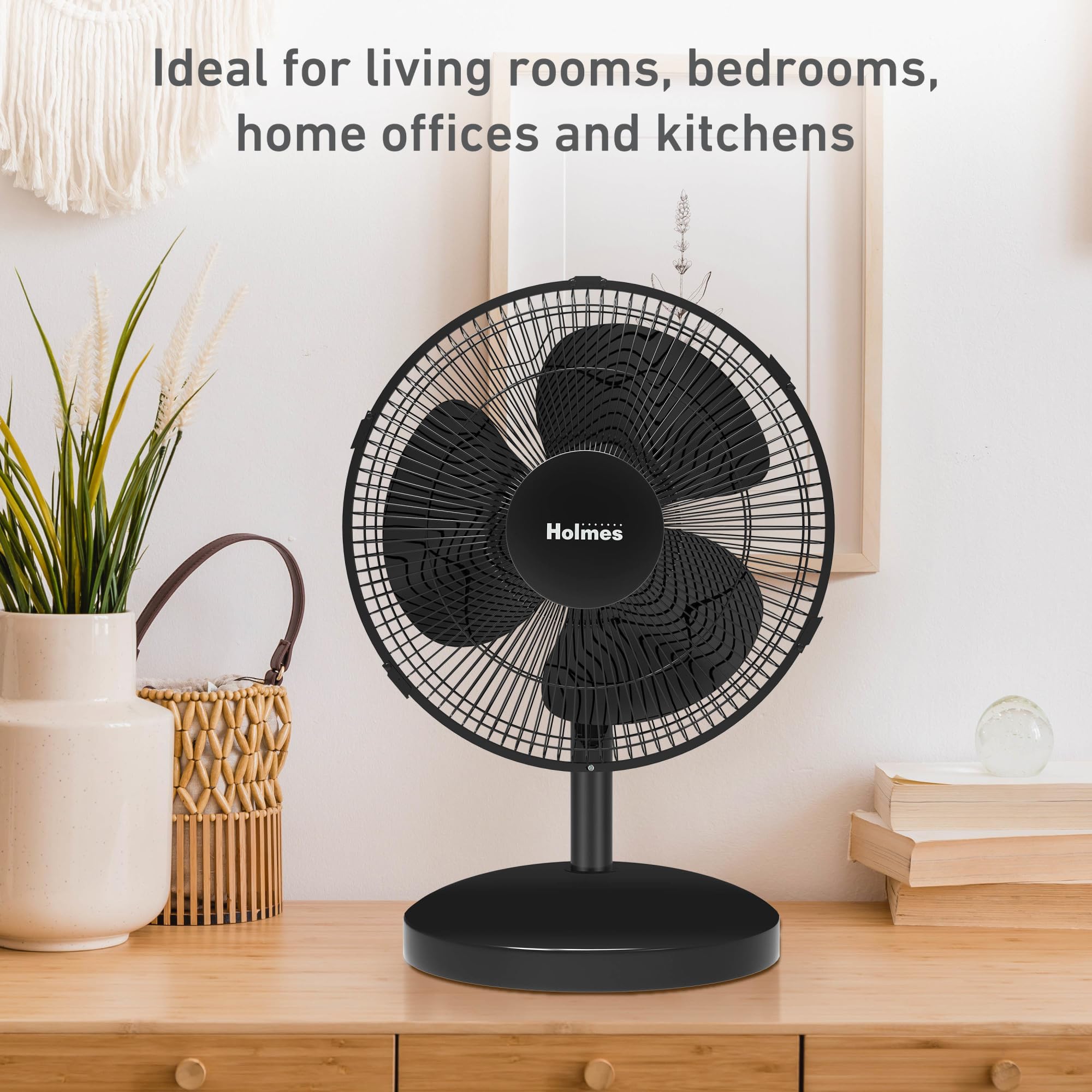 Holmes 12in fan front view shows compact desk-friendly cooling.