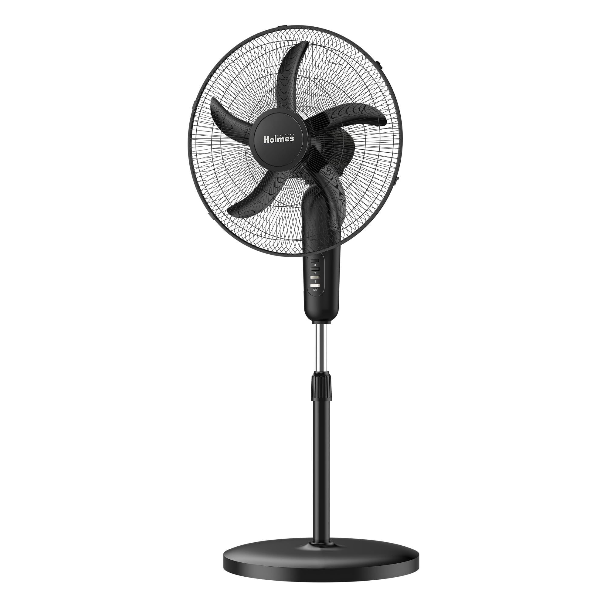 HOLMES 18 inch oscillating stand fan front view showing broad airflow and quiet operation