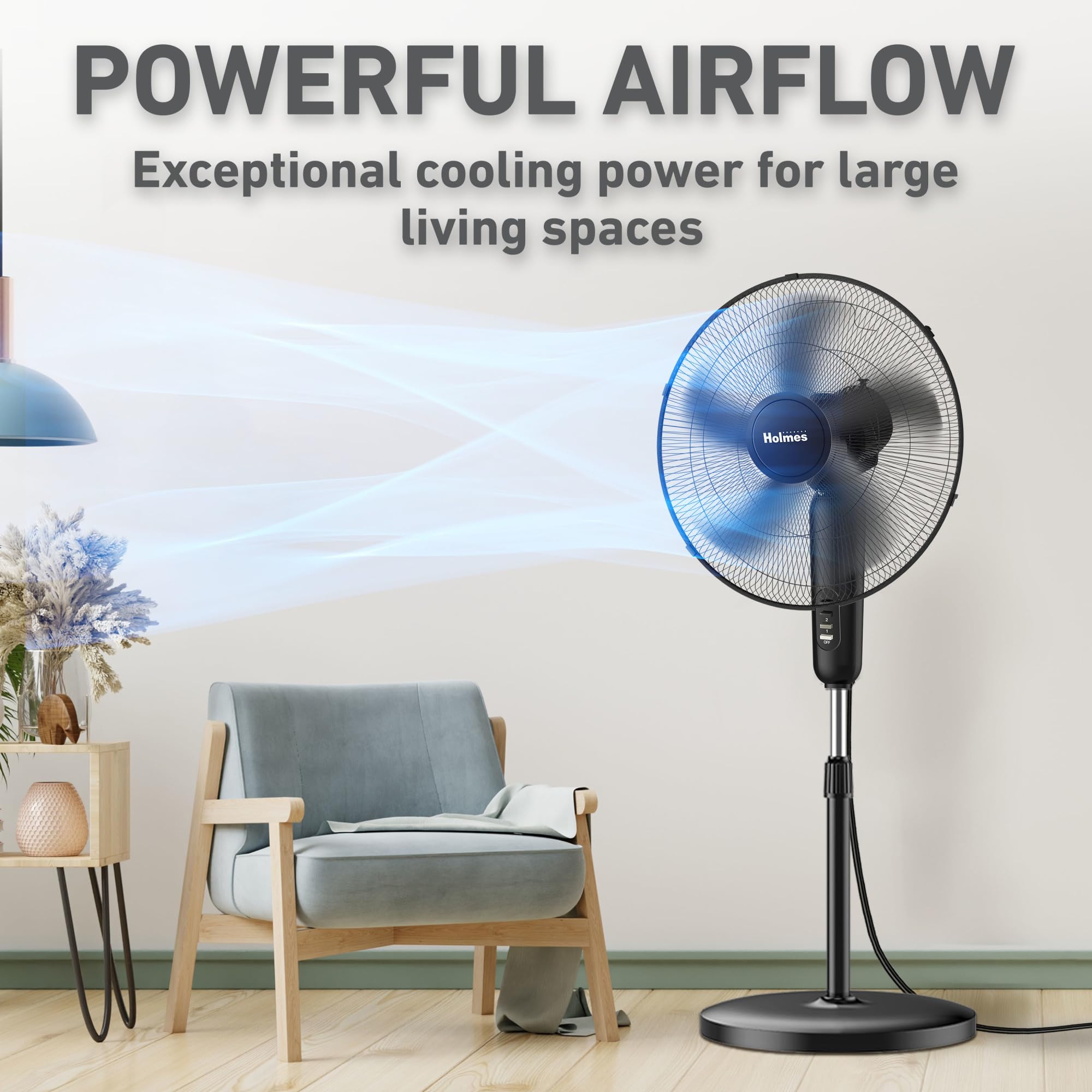 HOLMES 18 inch oscillating stand fan side view highlighting height adjustability