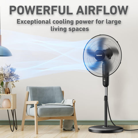HOLMES 18 inch oscillating stand fan side view highlighting height adjustability