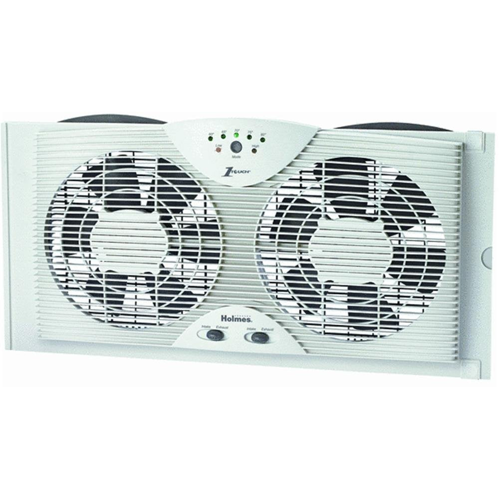 Holmes dual 8-inch blade twin window fan with LED thermostat for customizable cooling.