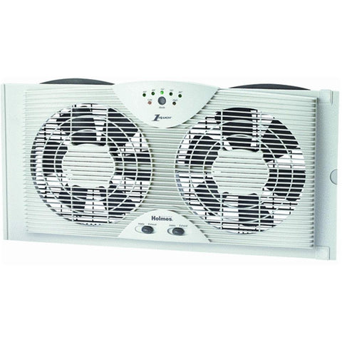 Holmes dual 8-inch blade twin window fan with LED thermostat for customizable cooling.