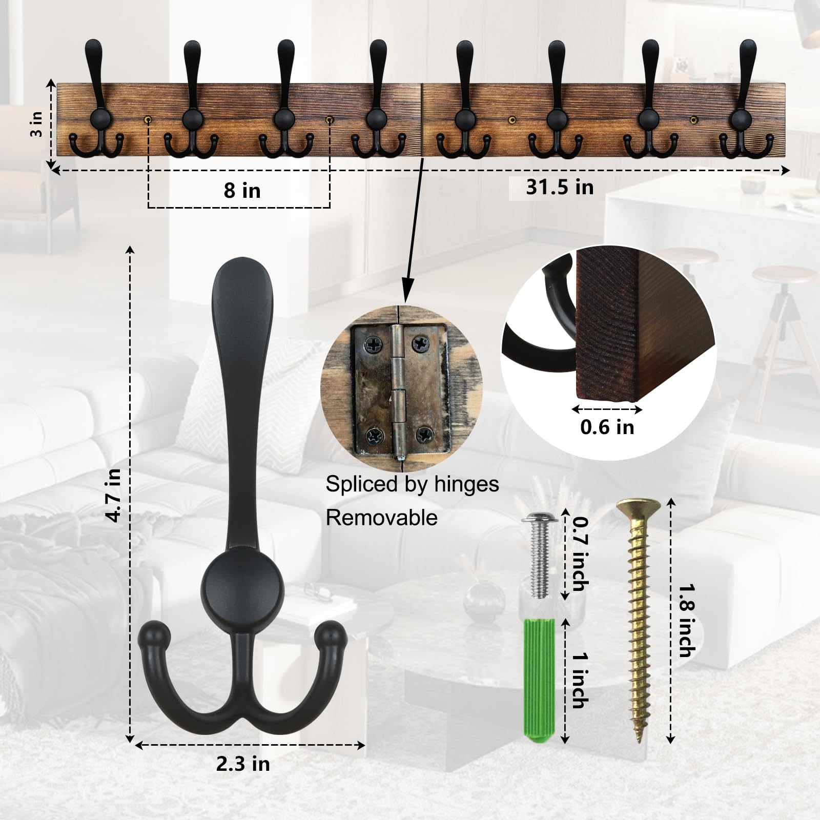 Eight aluminum hooks provide sturdy space for coats, hats, and bags.