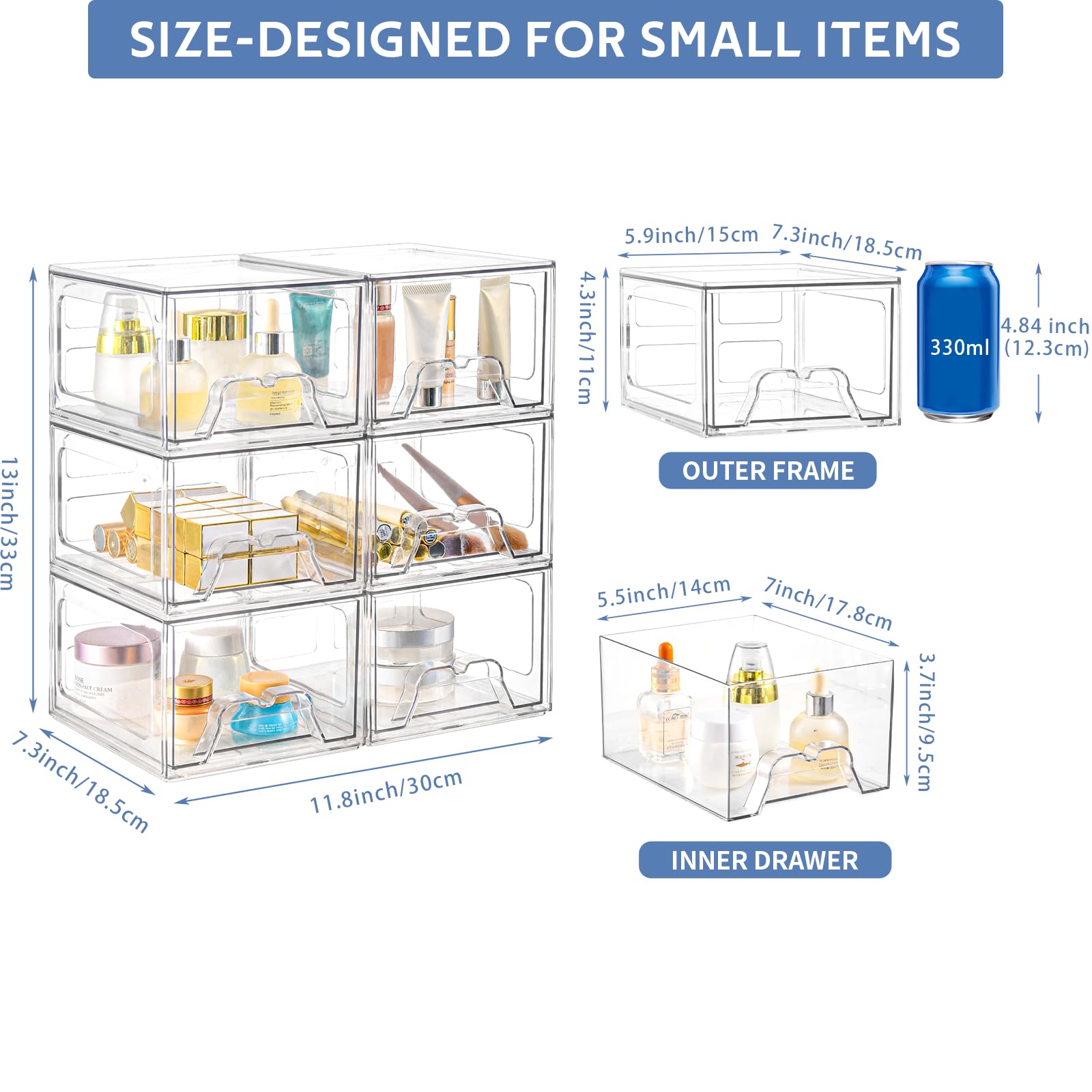 Homaigie clear drawer bin showcases contents for quick makeup access.