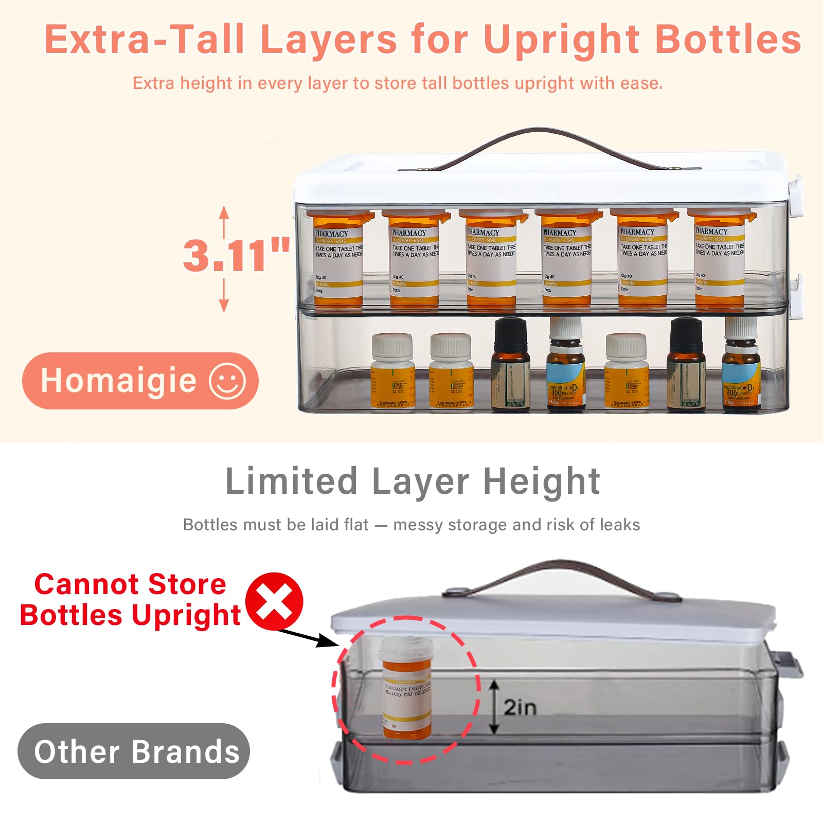 Homaigie medicine cabinet organizer with leather handle for easy transport