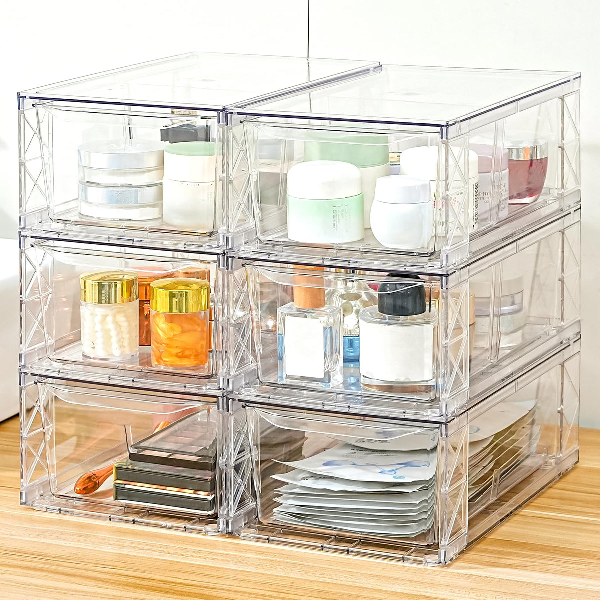 Homaigie clear plastic drawer set, six-pack, stackable for quick visibility and tidier spaces.