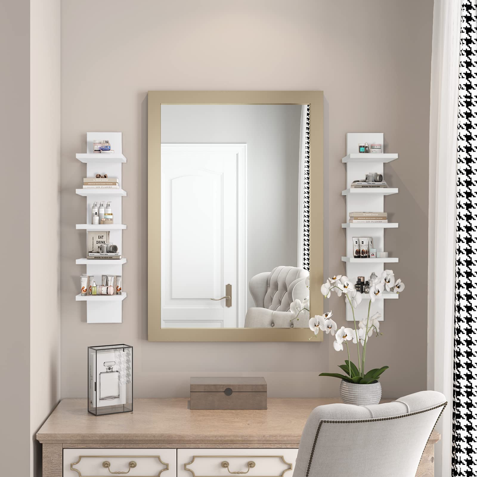 Narrow white wall shelf holding candles and cosmetics in a tidy nook