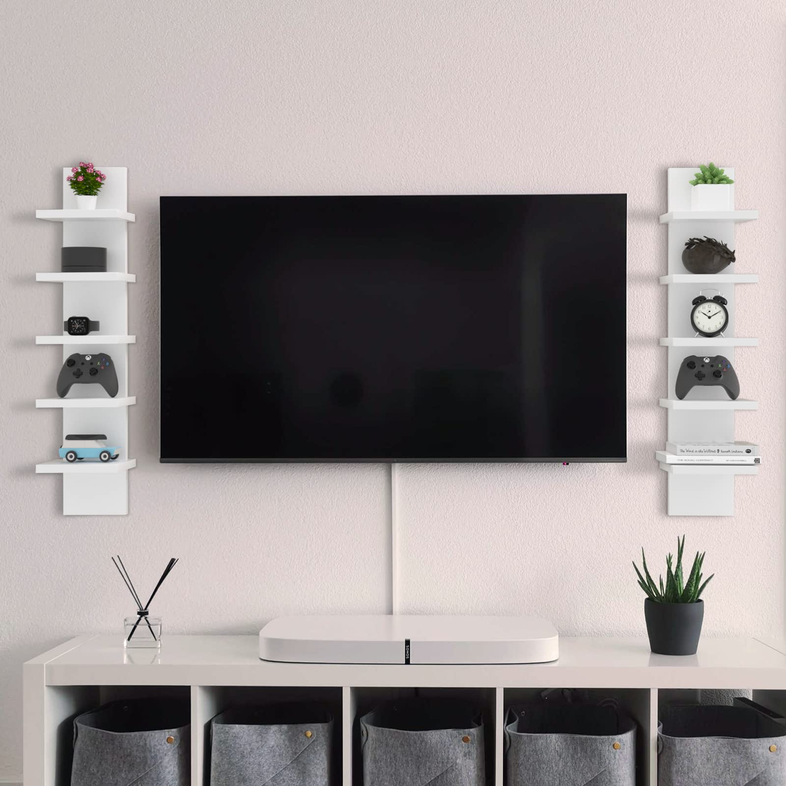 White vertical shelf displaying plants and small decor for a clean look