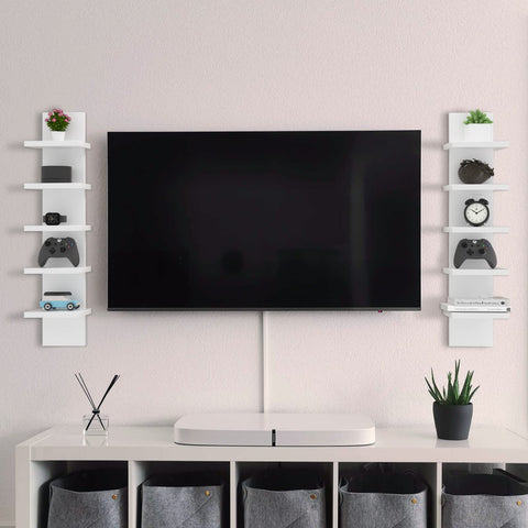 White vertical shelf displaying plants and small decor for a clean look