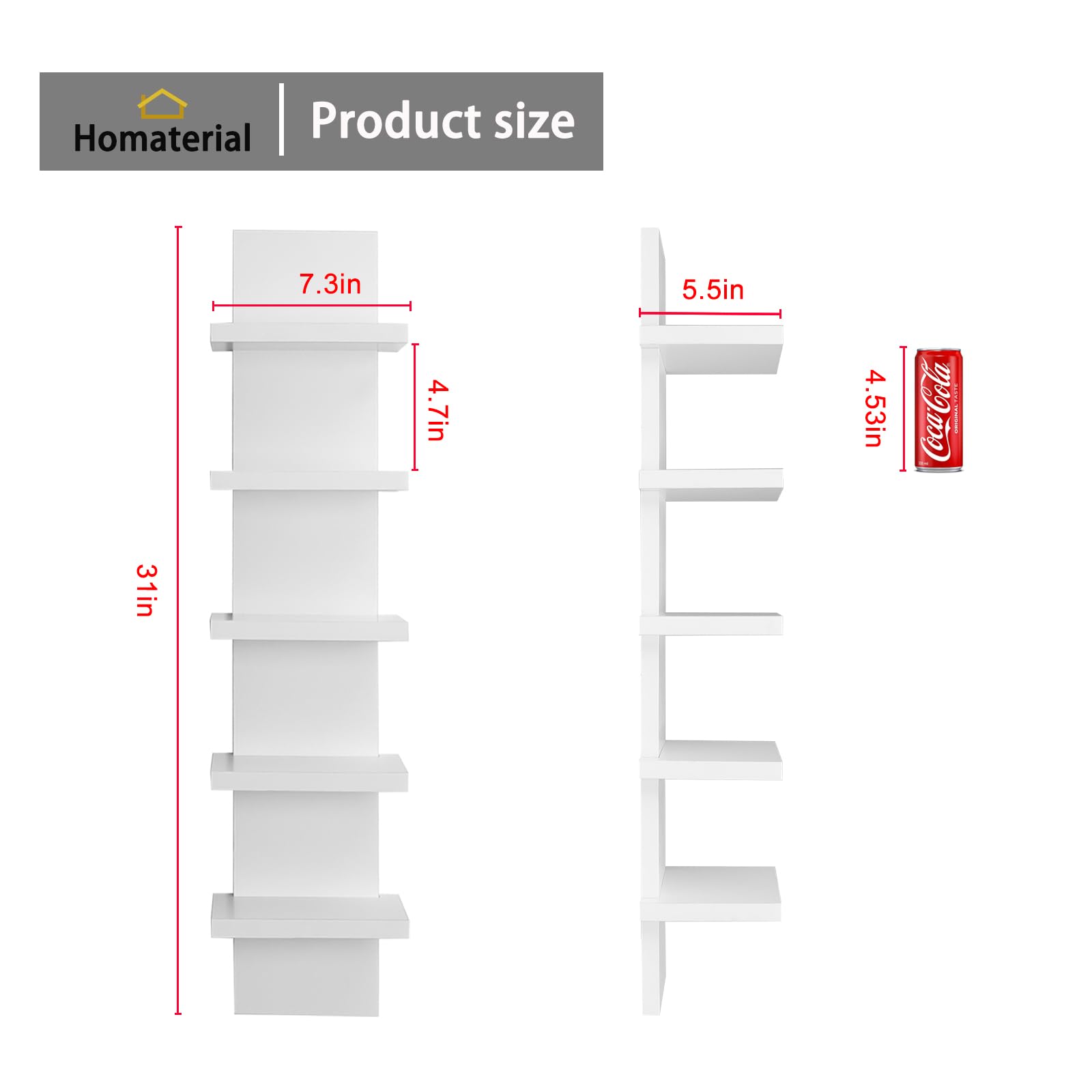 Homaterial vertical floating shelf in white for bedroom storage and decor