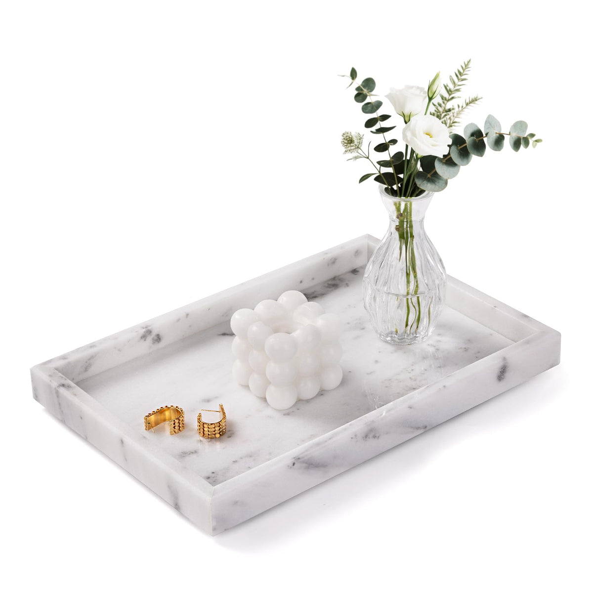 Homaura bathroom tray on countertop with starry white marble keeps small items organized