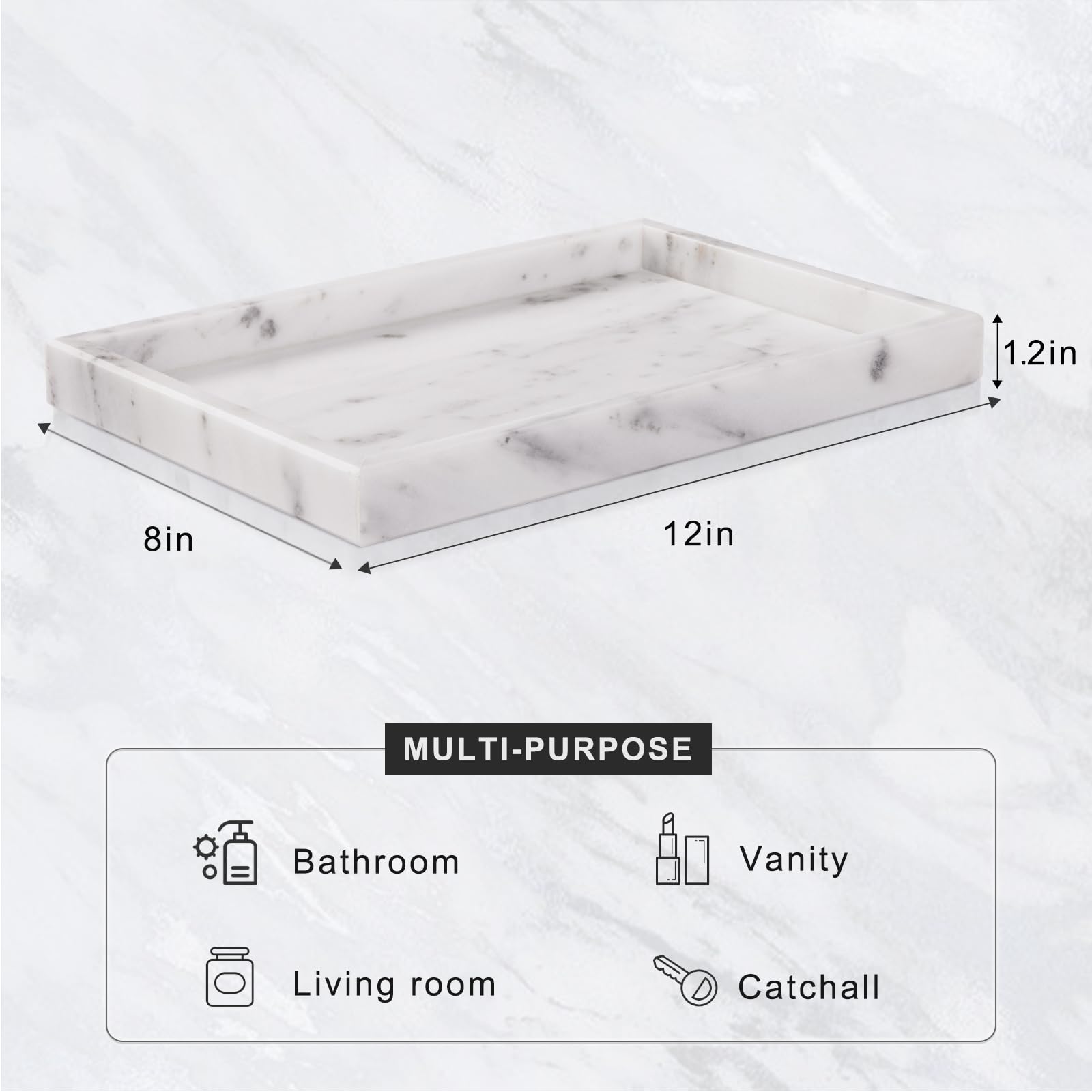Homaura marble tray on bathroom counter highlighting non-slip feet and easy cleaning