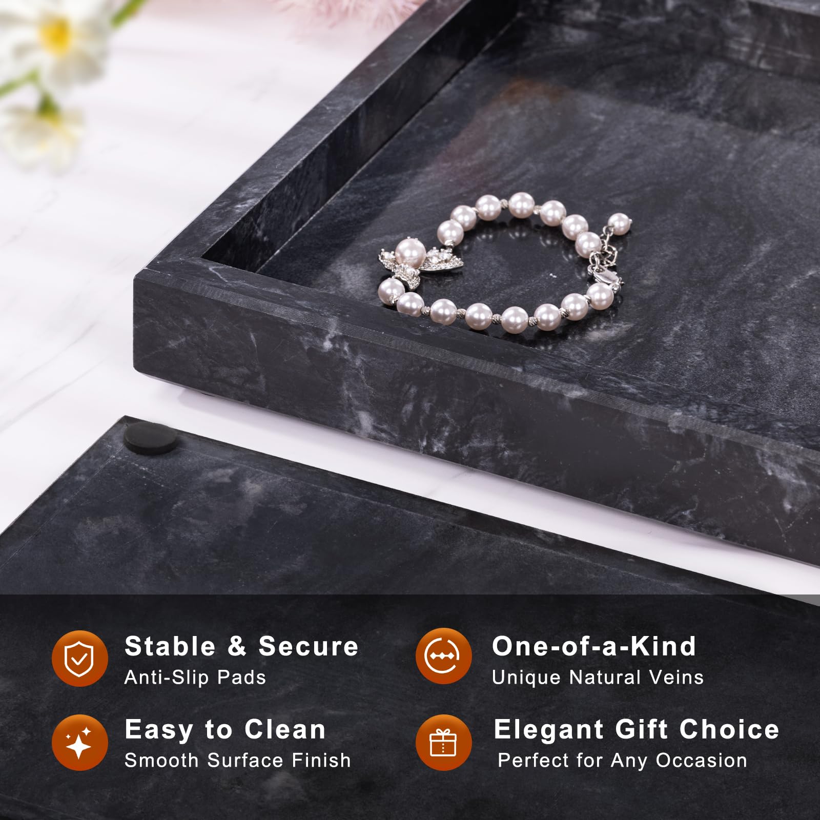 Homaura marble tray highlights unique veins for stylish jewelry display