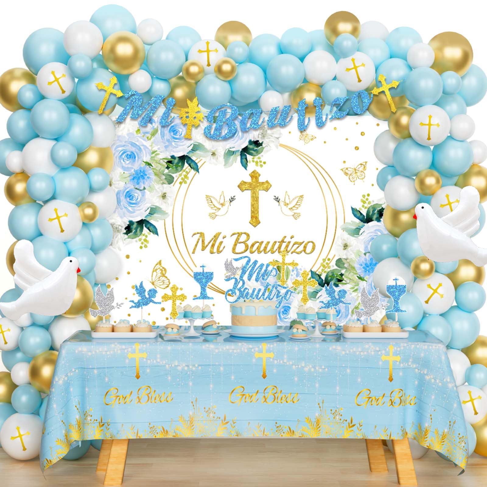 Hombae Mi Bautizo blue backdrop for baptism photos and décor