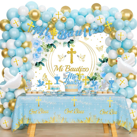 Hombae Mi Bautizo blue backdrop for baptism photos and décor