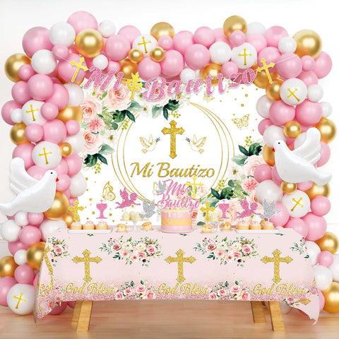Hombae Mi Bautizo backdrop for pink baptism celebrations.
